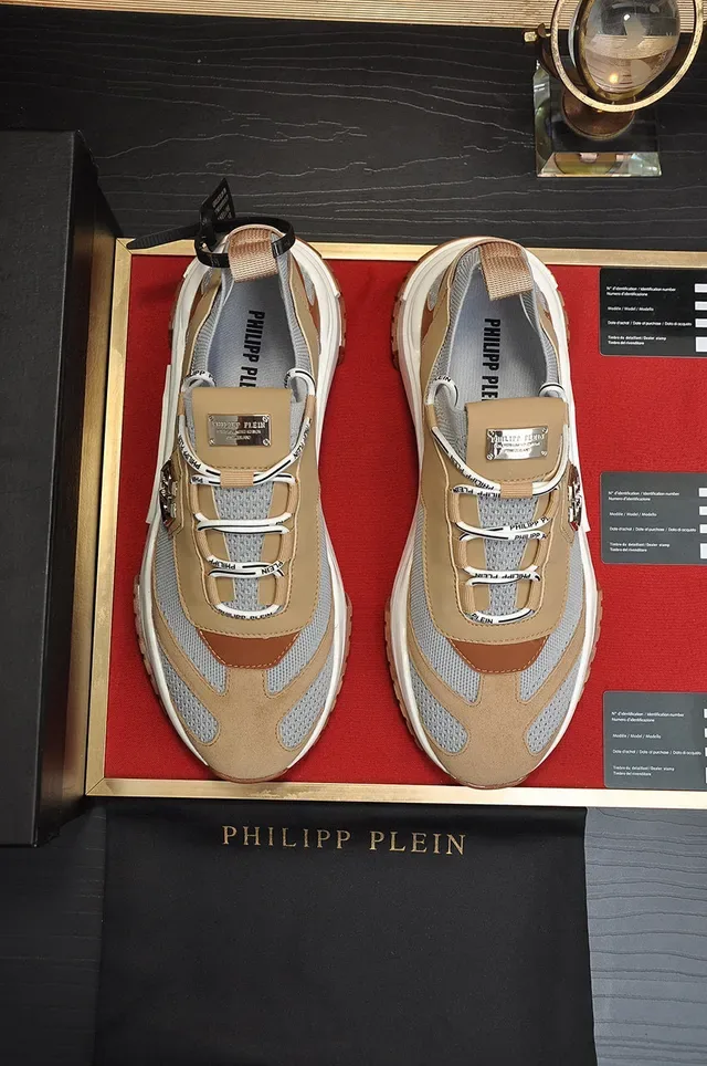 Philipp Plein Active حذاء رياضي سميك بيج و رمادي و بني 9