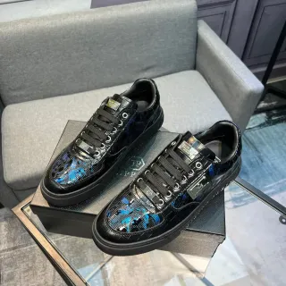 Philipp Plein Black Blue Glossy Patent-Effect Upper Floral Embroidery/pattern Lifestyle Sneakers