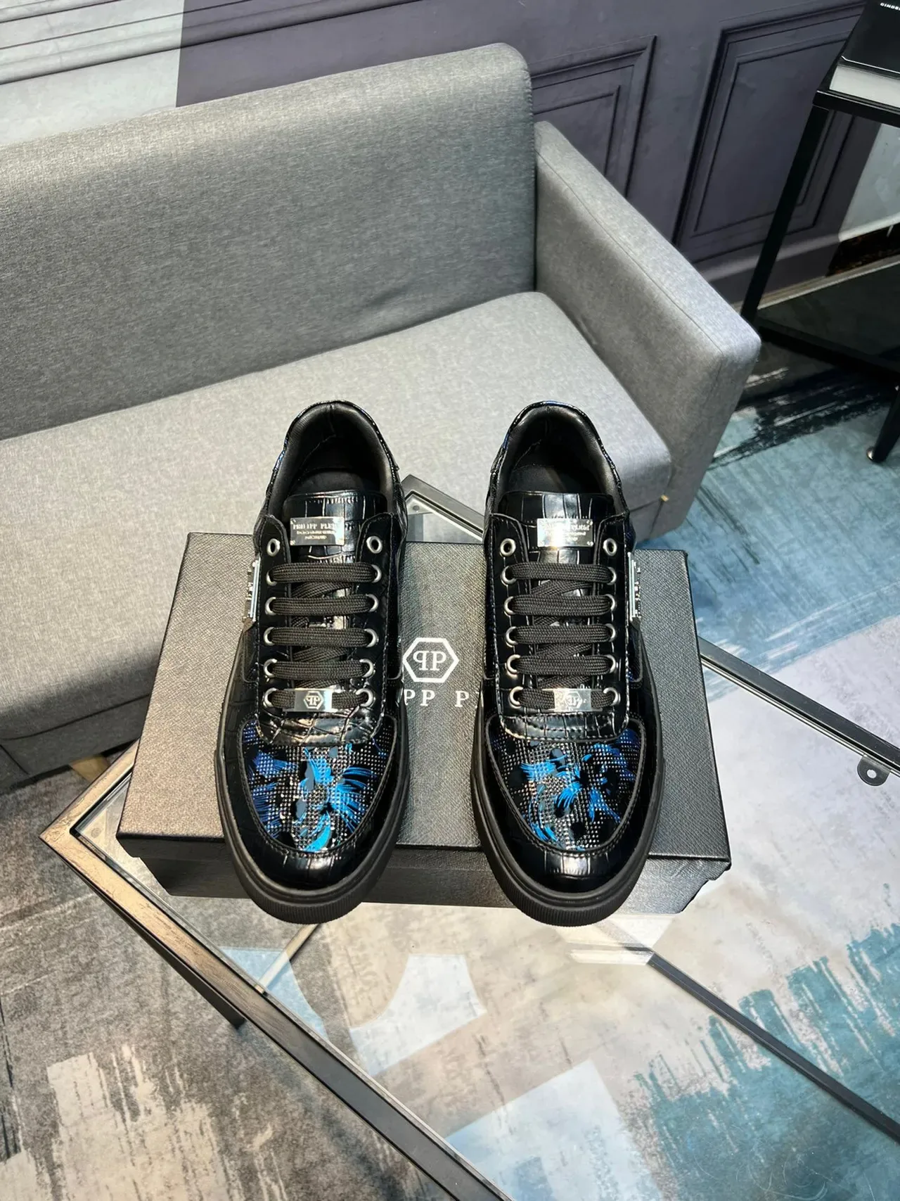Philipp Plein Preto Azul Efeito Patentoso Superior Bordado Floral Tênis Lifestyle 2