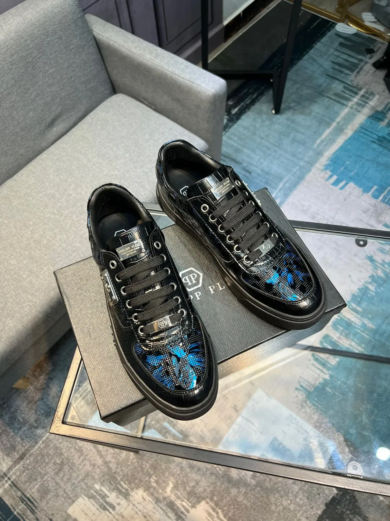 Philipp Plein Preto Azul Efeito Patentoso Superior Bordado Floral Tênis Lifestyle 4