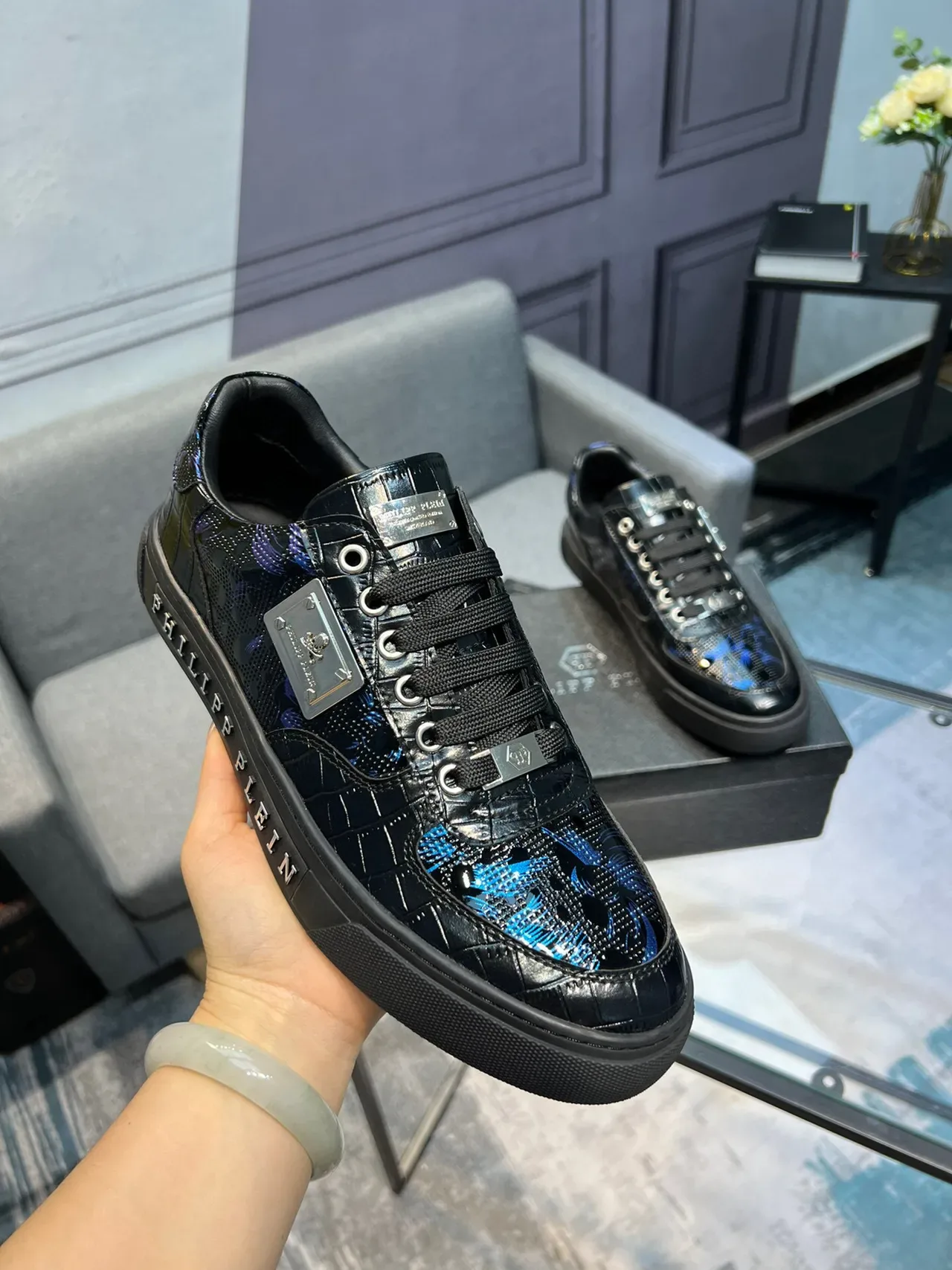 Philipp Plein Preto Azul Efeito Patentoso Superior Bordado Floral Tênis Lifestyle 5