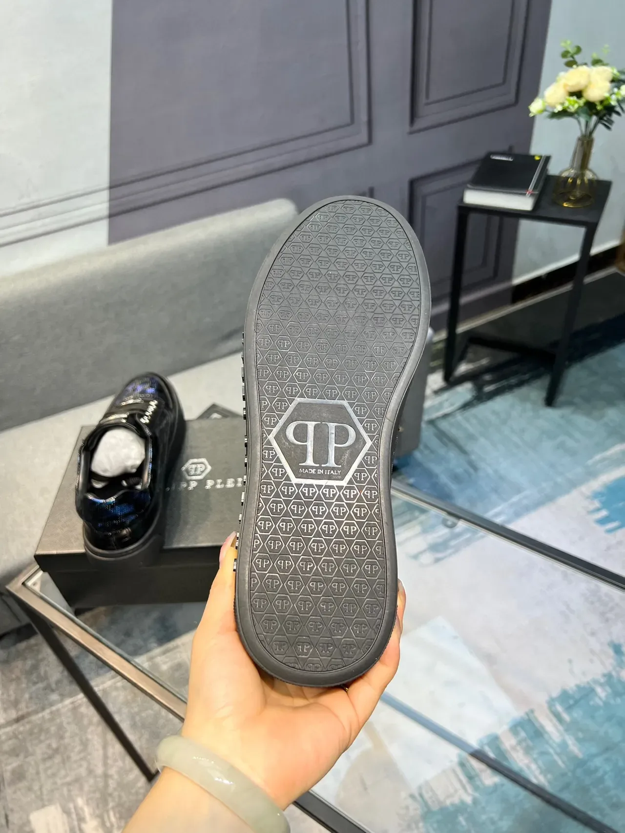 Philipp Plein Preto Azul Efeito Patentoso Superior Bordado Floral Tênis Lifestyle 6