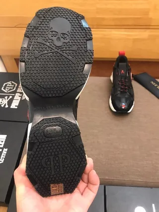Philipp Plein أسود أحمر سيليوهيت شبكة وتراكب اصطناعي أحذية رياضية كبيرة 5