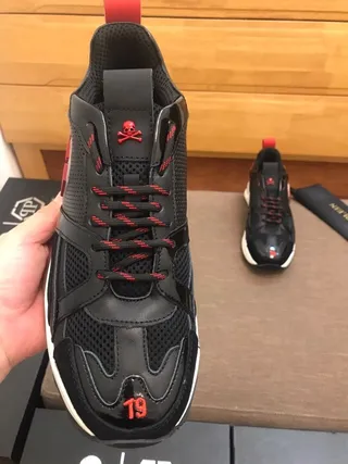 Philipp Plein أسود أحمر سيليوهيت شبكة وتراكب اصطناعي أحذية رياضية كبيرة 9
