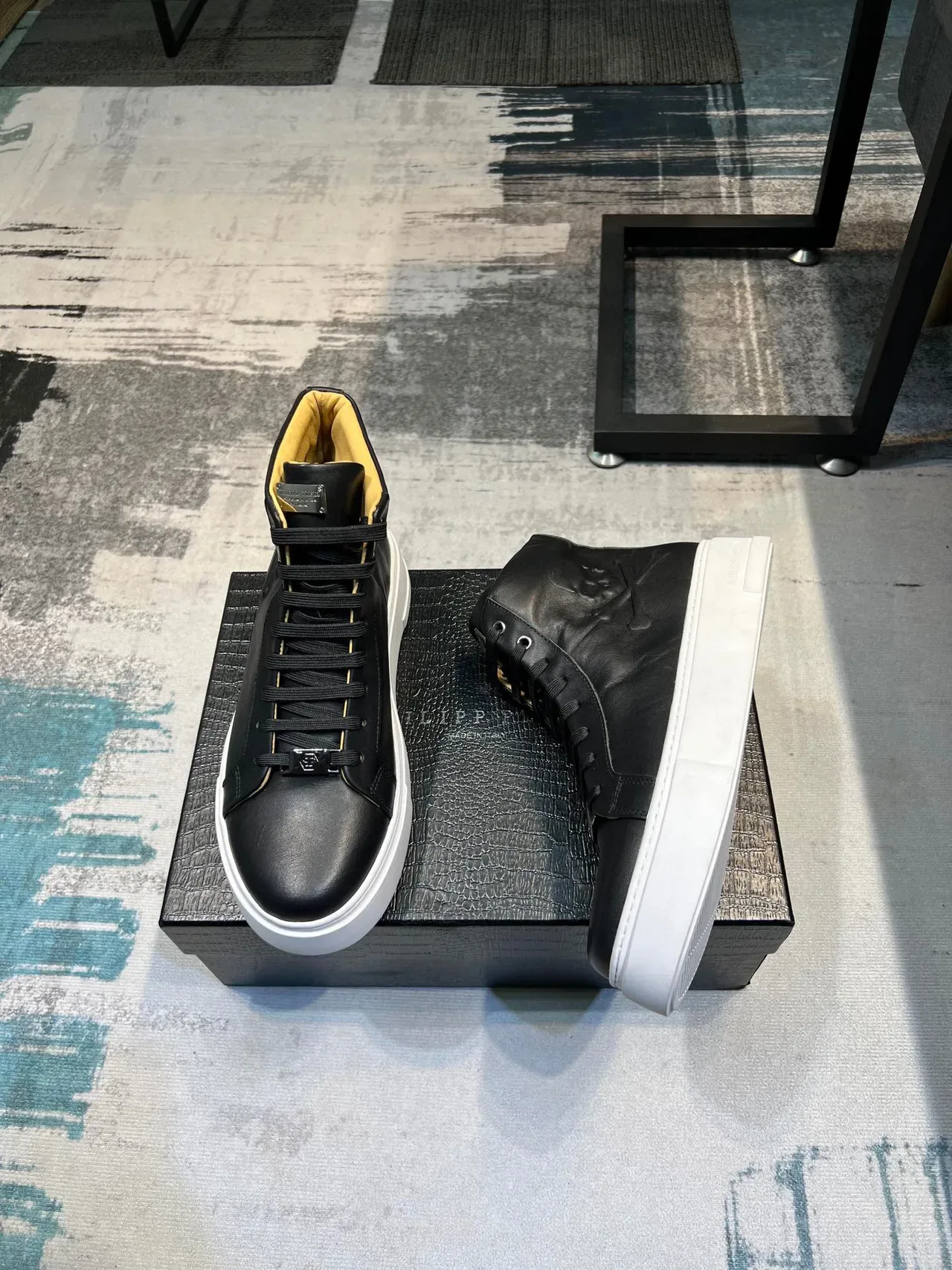 Philipp Plein Tênis Lifestyle Preto Branco Couro Superior Alta 4