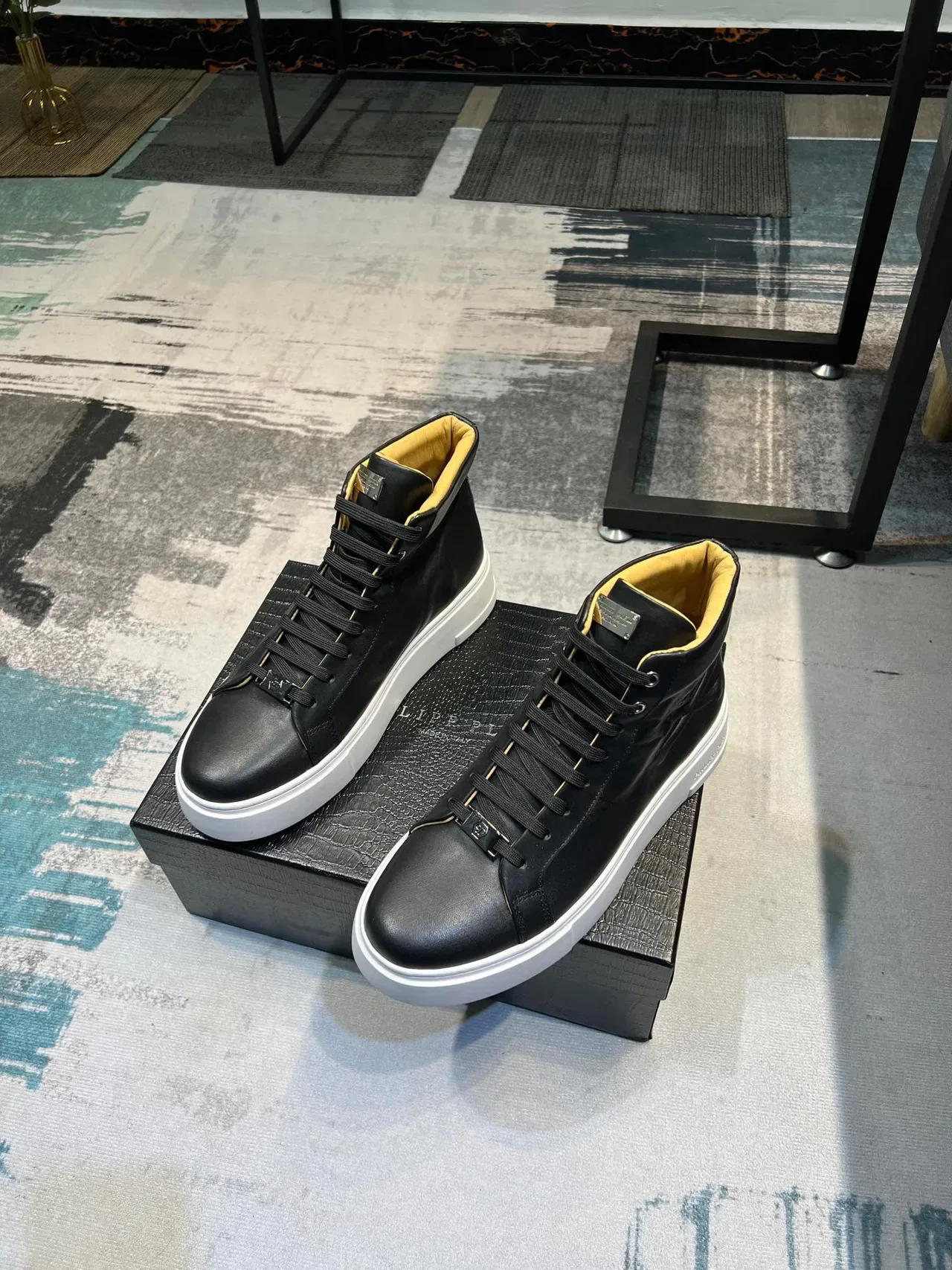 Philipp Plein Tênis Lifestyle Preto Branco Couro Superior Alta 5