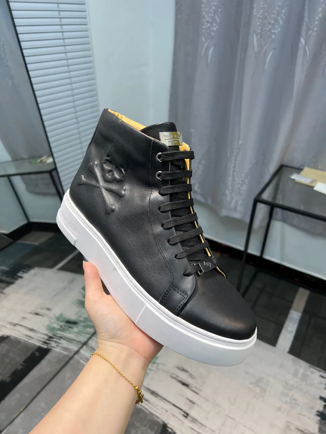 Philipp Plein Tênis Lifestyle Preto Branco Couro Superior Alta 6