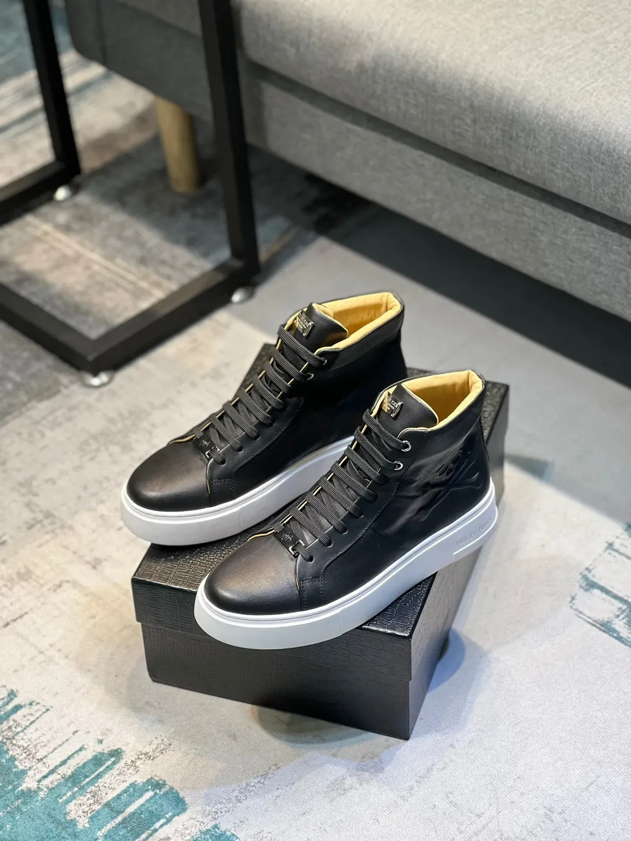 Philipp Plein Tênis Lifestyle Preto Branco Couro Superior Alta 7