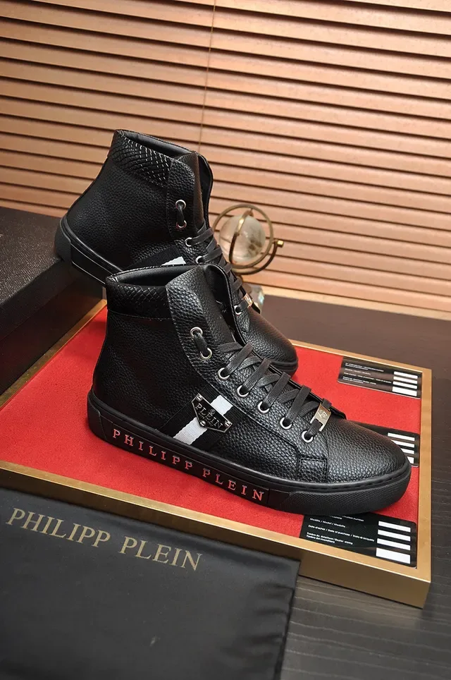 Philipp Plein Sneakers Lifestyle Noir et Blanc Hautes en Cuir Pebbled 5