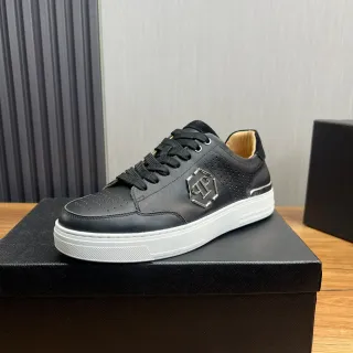 Philipp Plein Black White Perforated Leather Upper Metallic Hexagonal Logo Lifestyle Sneakers