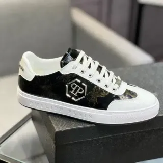 Philipp Plein Black White Textured Leather Upper Contrast Panels Lifestyle Sneakers