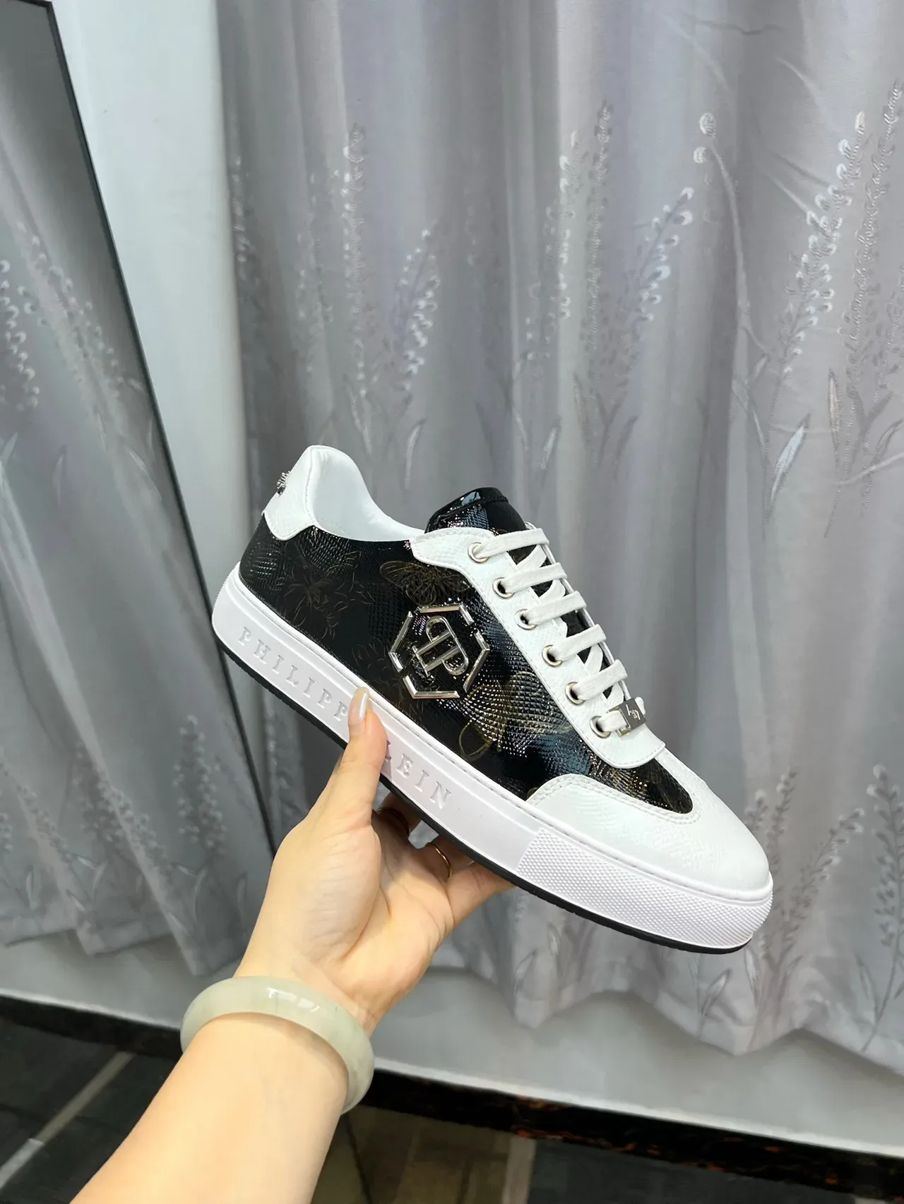 Philipp Plein أسود أبيض جلد مصقول أعلى لوحات متناقضة أحذية أسلوب حياة 6