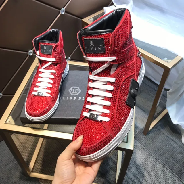 Philipp Plein كريستال سنيكرز عالي القمة أحمر أبيض أسلوب حياة 2