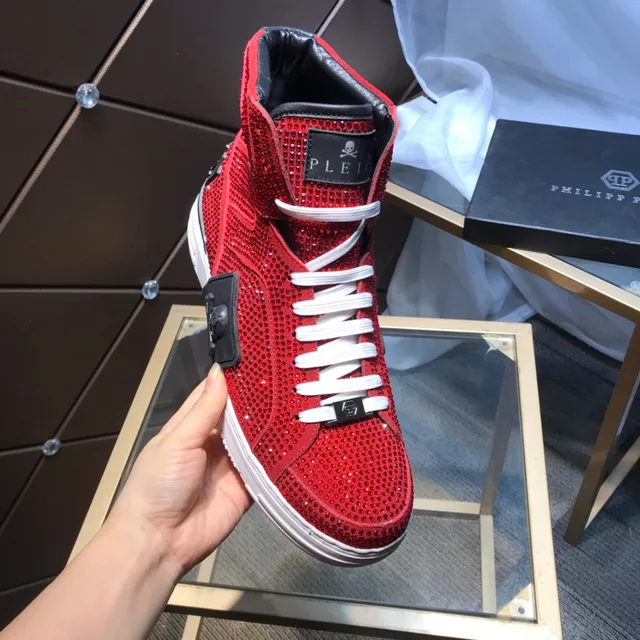 Philipp Plein كريستال سنيكرز عالي القمة أحمر أبيض أسلوب حياة 3