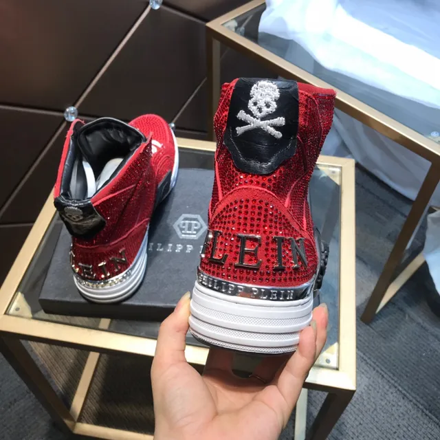 Philipp Plein كريستال سنيكرز عالي القمة أحمر أبيض أسلوب حياة 4
