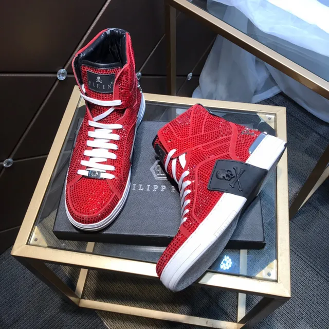 Philipp Plein كريستال سنيكرز عالي القمة أحمر أبيض أسلوب حياة 6