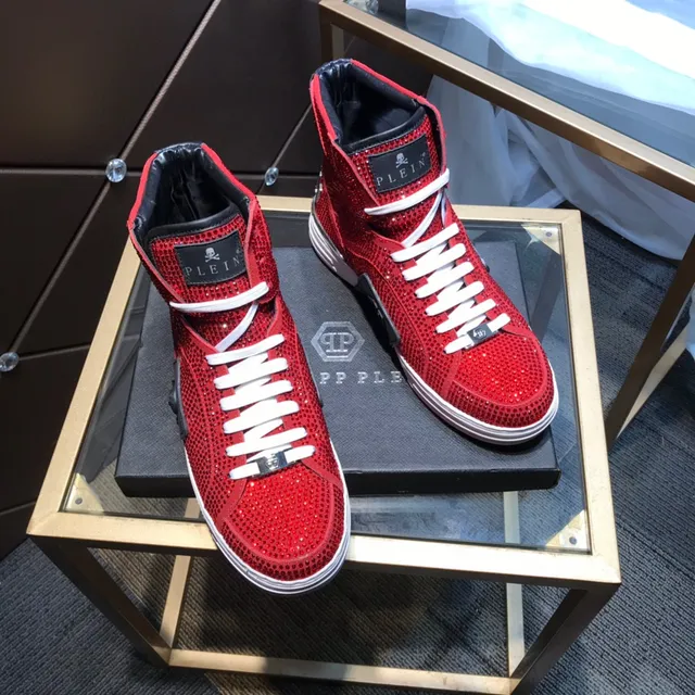 Philipp Plein كريستال سنيكرز عالي القمة أحمر أبيض أسلوب حياة 7