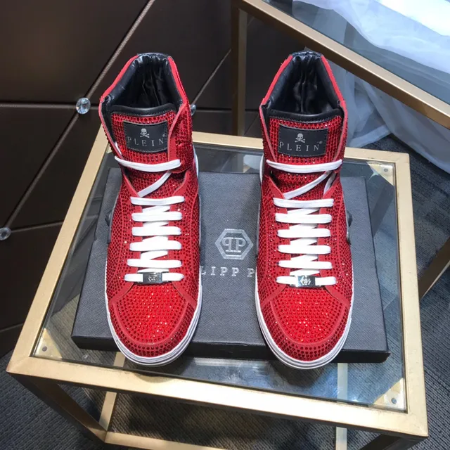 Philipp Plein كريستال سنيكرز عالي القمة أحمر أبيض أسلوب حياة 8