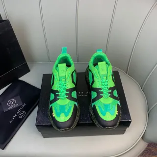 Philipp Plein 绿色黑色霓虹 和 层叠网面-合成鞋面 舌头骷髅标志 厚底运动鞋