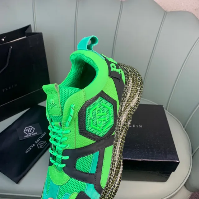 Philipp Plein Vert Noir Néon Et Supérieure Malla-Synthétique Avec Couches Logo Crâne Sur La Langue Baskets Épaisses 2