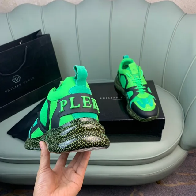 Philipp Plein Vert Noir Néon Et Supérieure Malla-Synthétique Avec Couches Logo Crâne Sur La Langue Baskets Épaisses 3