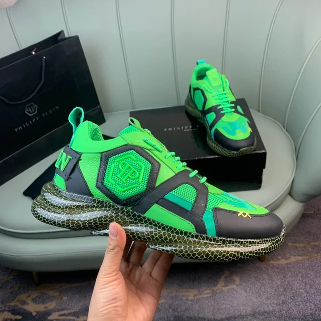 Philipp Plein Vert Noir Néon Et Supérieure Malla-Synthétique Avec Couches Logo Crâne Sur La Langue Baskets Épaisses 5
