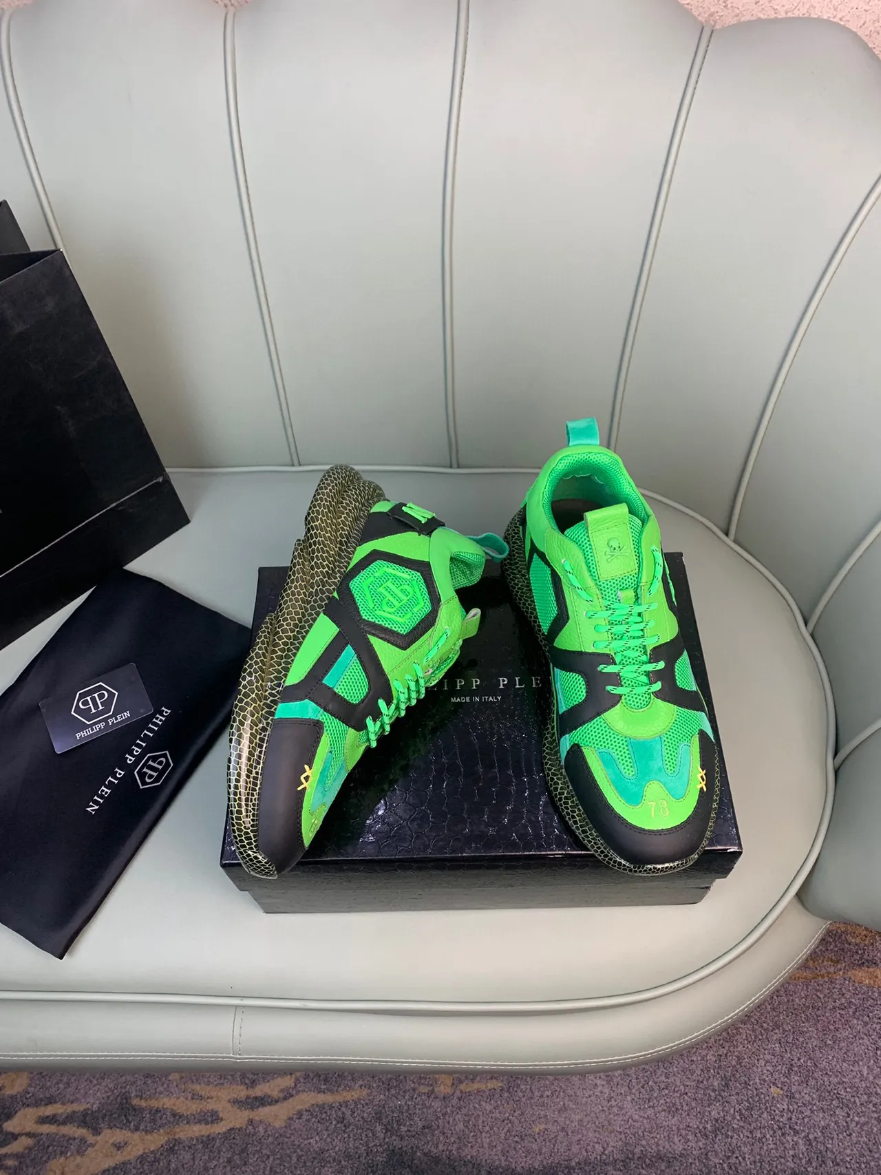 Philipp Plein Vert Noir Néon Et Supérieure Malla-Synthétique Avec Couches Logo Crâne Sur La Langue Baskets Épaisses 7