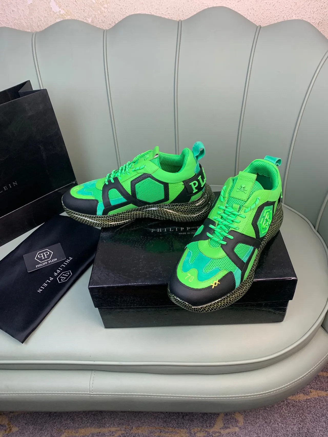 Philipp Plein Vert Noir Néon Et Supérieure Malla-Synthétique Avec Couches Logo Crâne Sur La Langue Baskets Épaisses 8