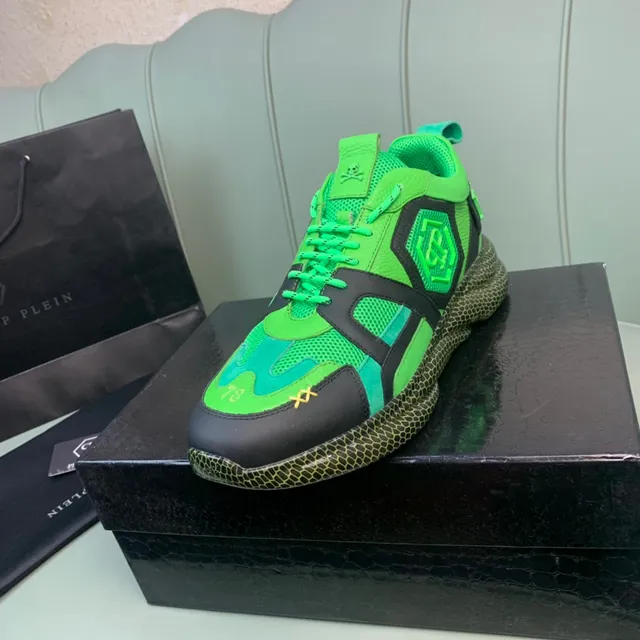 Philipp Plein Vert Noir Néon Et Supérieure Malla-Synthétique Avec Couches Logo Crâne Sur La Langue Baskets Épaisses 9