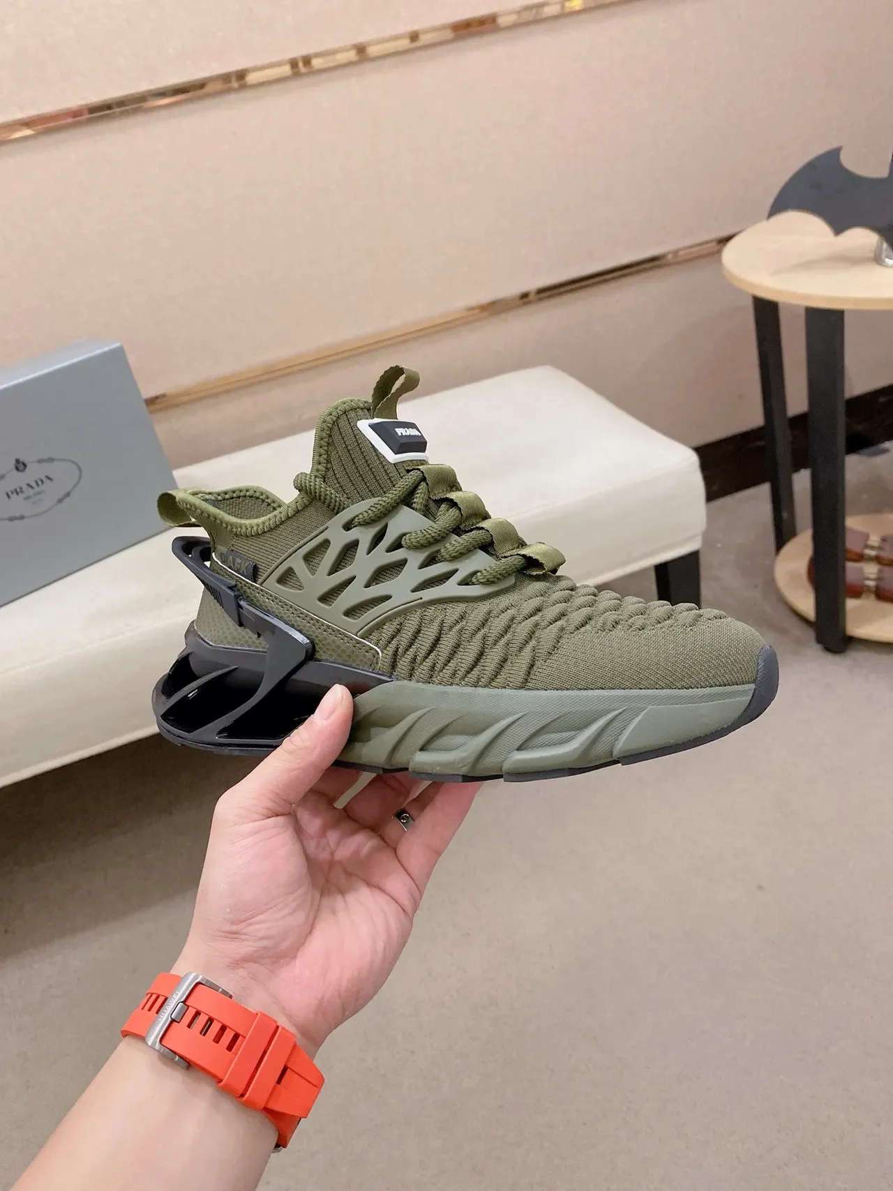 Prada Army Green Black Knit Upper Sculpted Midsole Sneakers 5