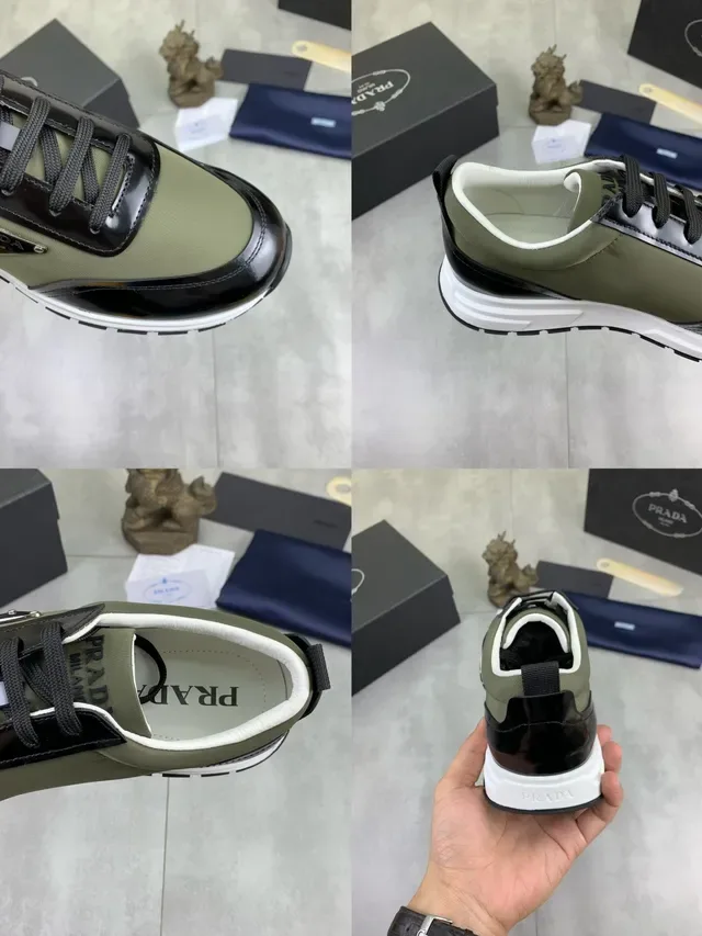 Prada Sneakers Lifestyle Verde Exército Preto Oliva Couro Patentado Placa Logo Metálica Triangular 2