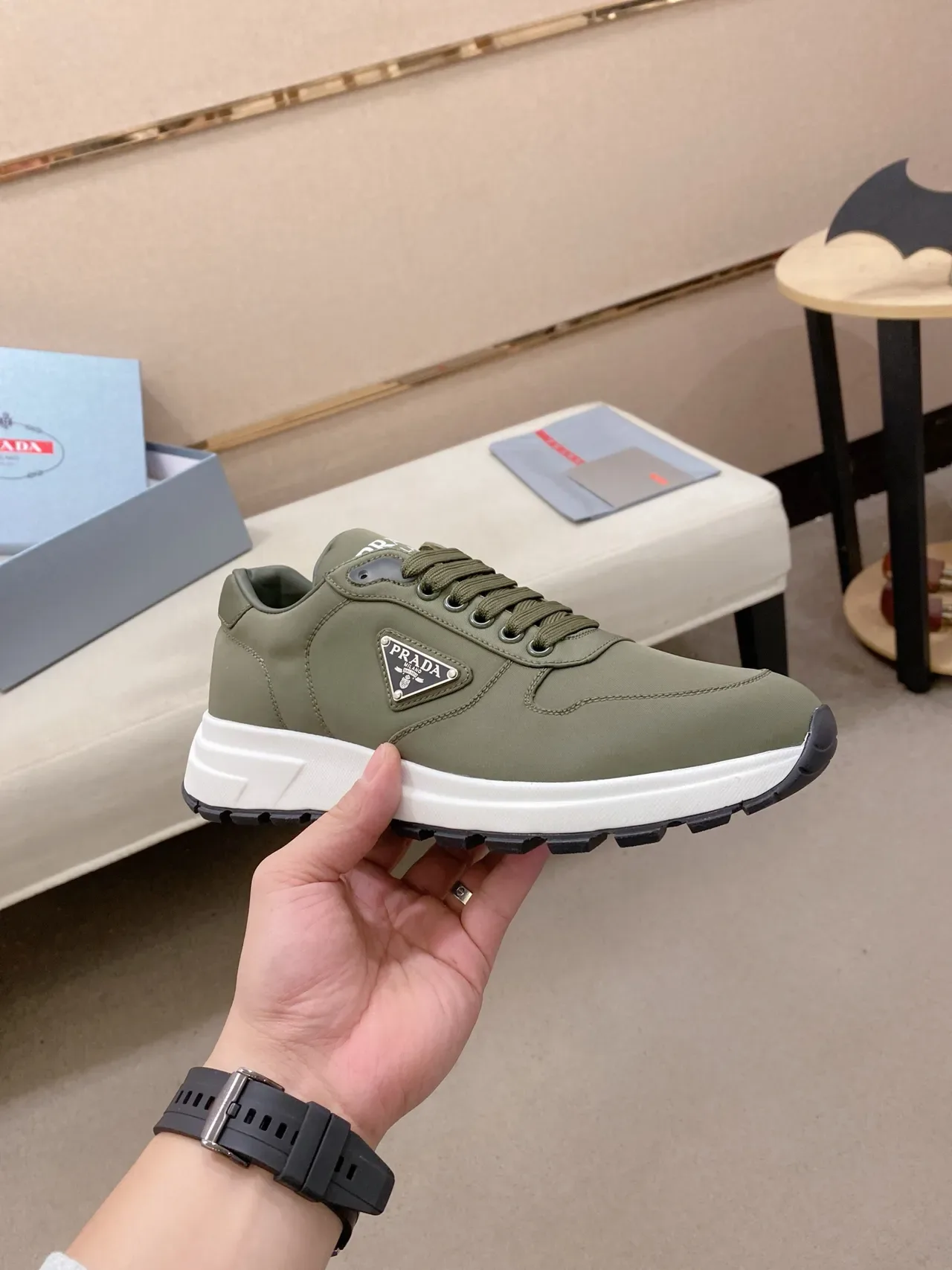 Prada Army Green White Olive Nylon Upper Sculpted Midsole Lifestyle Sneakers 4