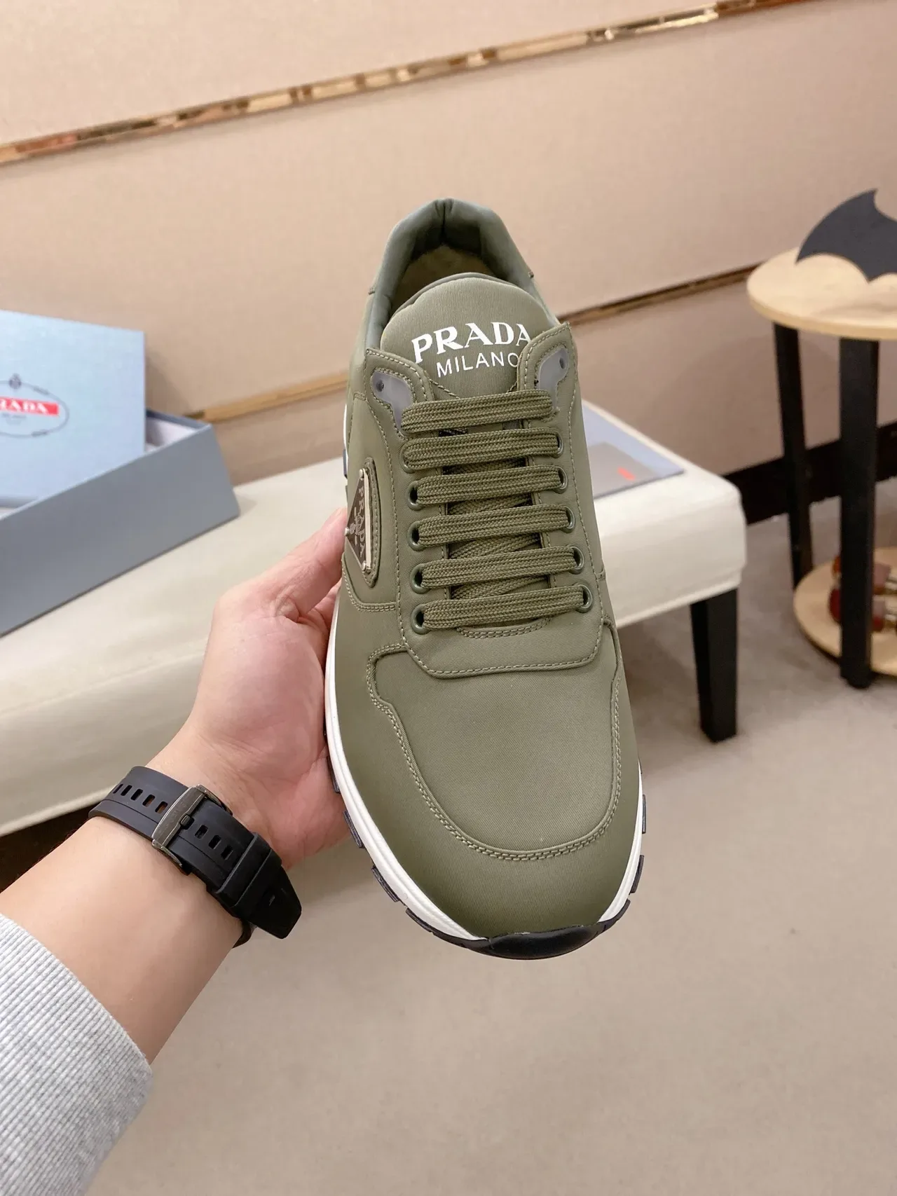 Prada Army Green White Olive Nylon Upper Sculpted Midsole Lifestyle Sneakers 5