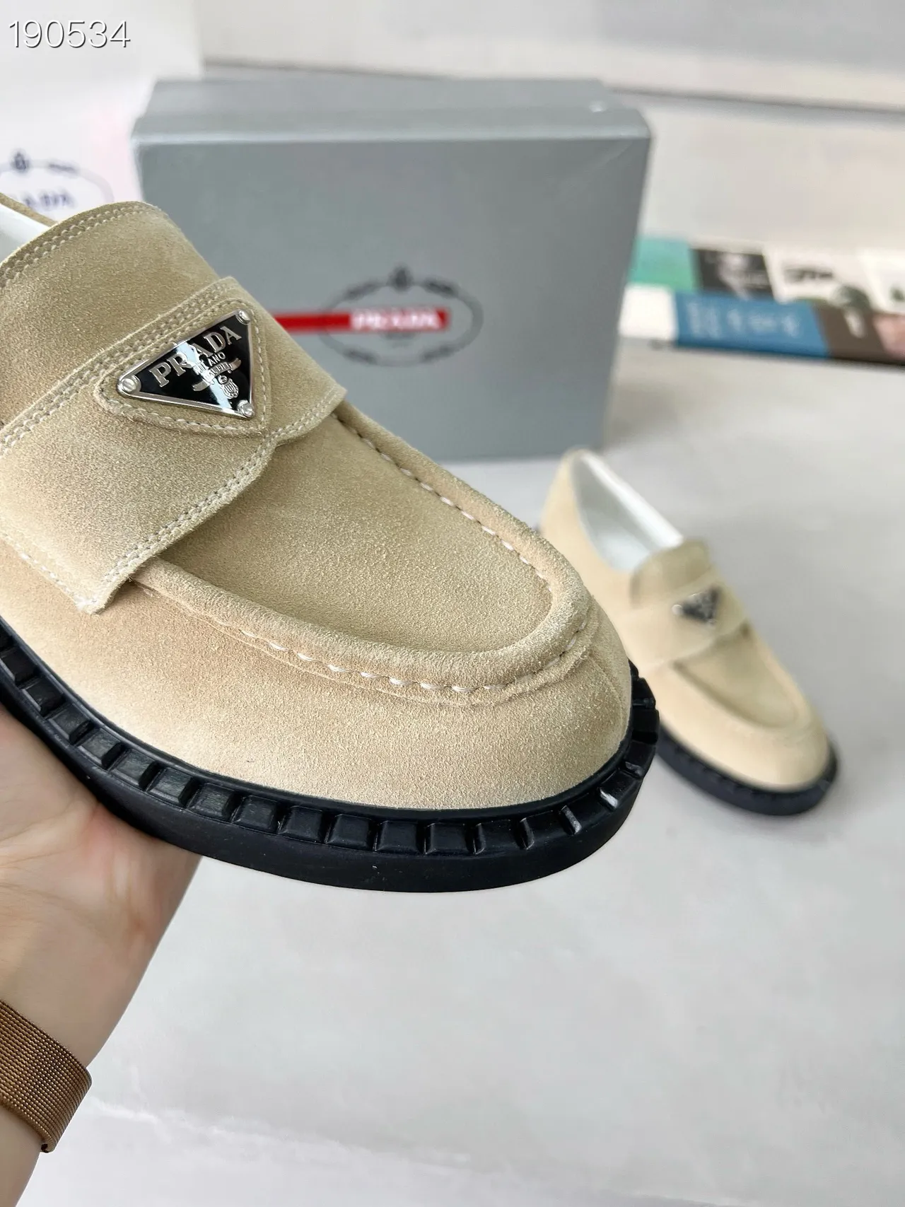 Prada Beige Black Suede Upper Platform Sole Loafer 4