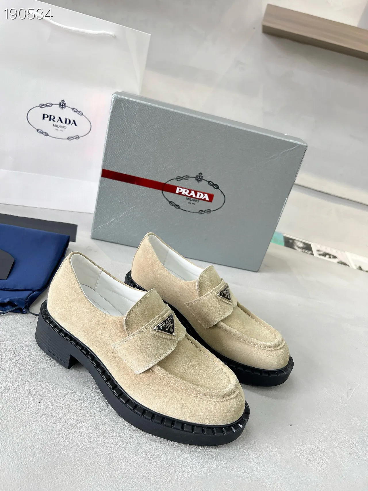 Prada Beige Black Suede Upper Platform Sole Loafer 6