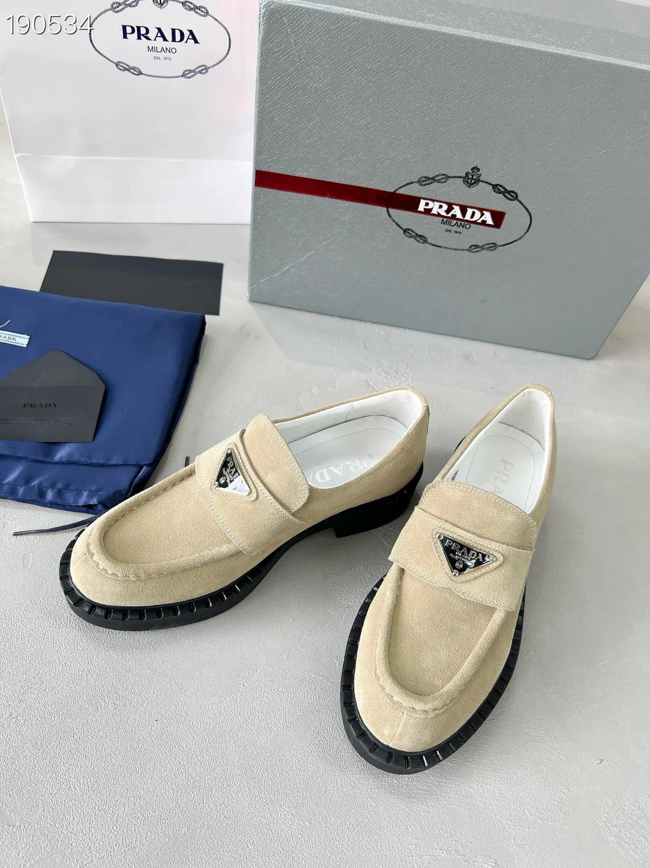 Prada Beige Black Suede Upper Platform Sole Loafer 7