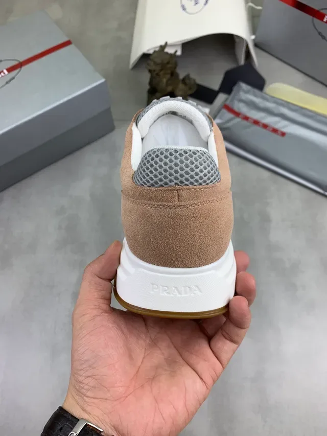 Prada Beige Gray Mesh And Suede Hybrid Upper Triangular Logo Plaque Lifestyle Sneakers 2