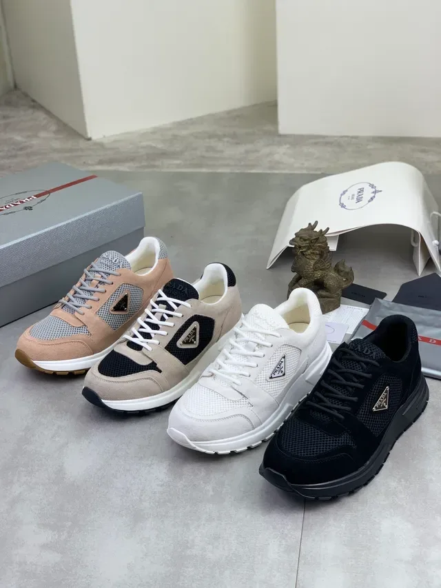 Prada Beige Gray Mesh And Suede Hybrid Upper Triangular Logo Plaque Lifestyle Sneakers 3