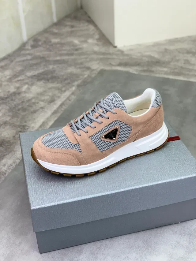 Prada Beige Gray Mesh And Suede Hybrid Upper Triangular Logo Plaque Lifestyle Sneakers 5