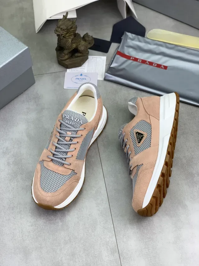 Prada Beige Gray Mesh And Suede Hybrid Upper Triangular Logo Plaque Lifestyle Sneakers 6