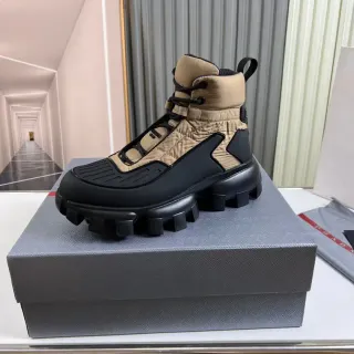 Prada Black Beige Quilted Nylon Upper Chunky Lug Sole Work Boots