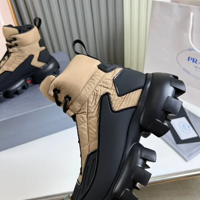 Prada Black Beige Quilted Nylon Upper Chunky Lug Sole Work Boots 3