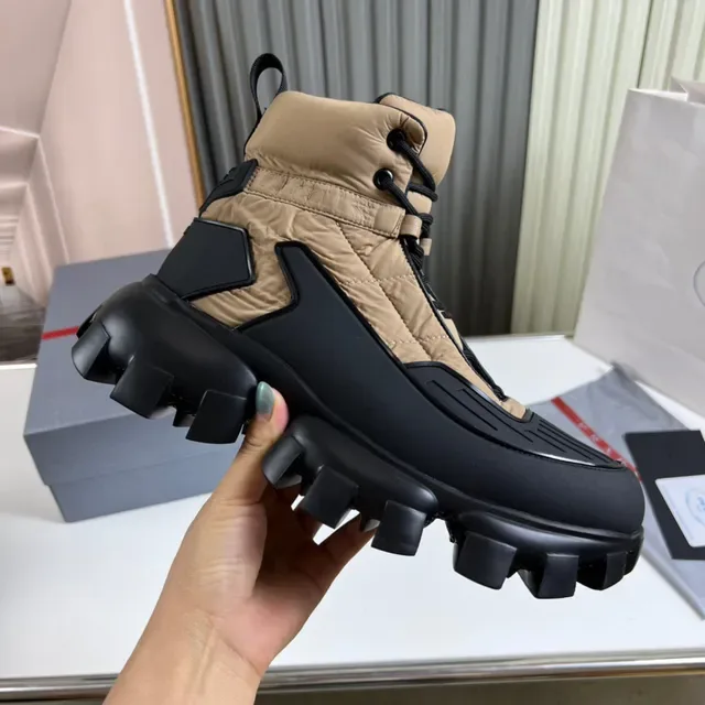 Prada Black Beige Quilted Nylon Upper Chunky Lug Sole Work Boots 4