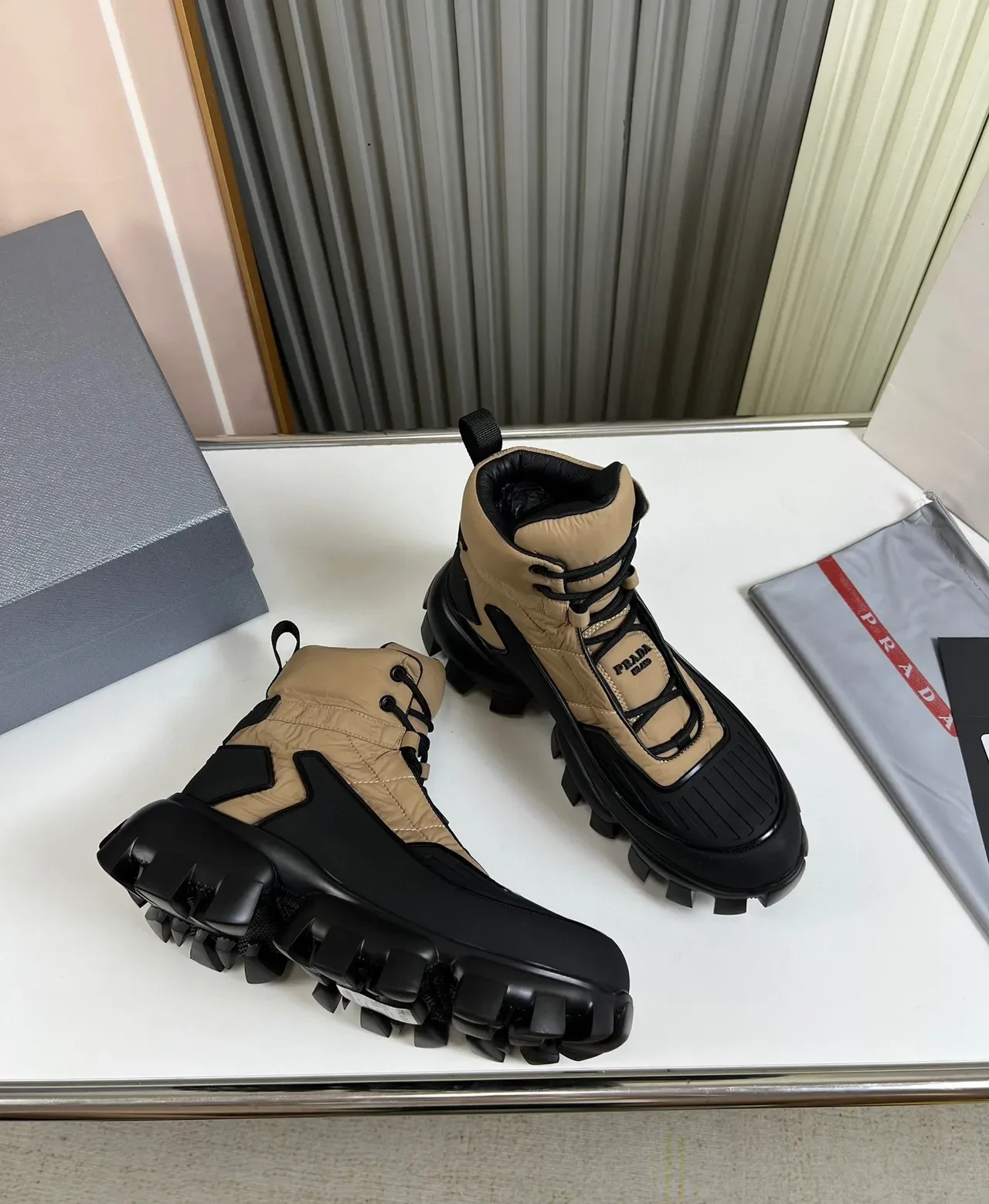 Prada Black Beige Quilted Nylon Upper Chunky Lug Sole Work Boots 6