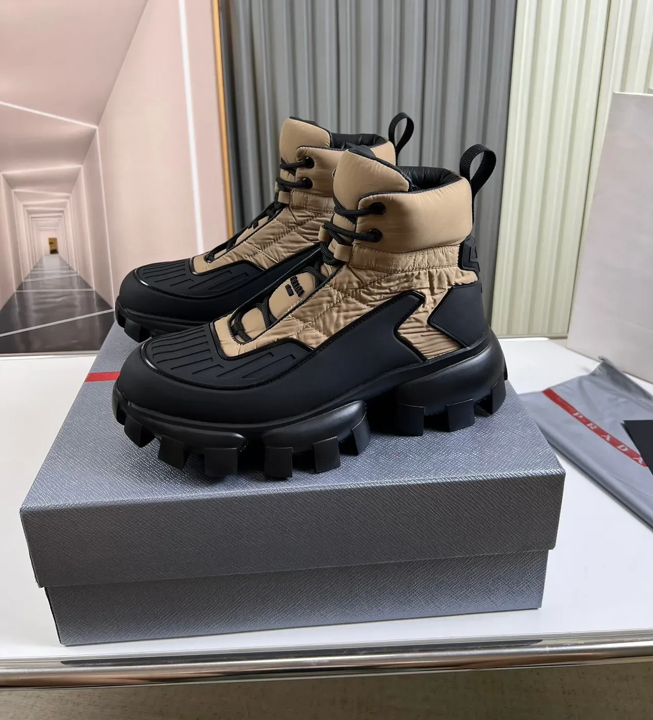Prada Black Beige Quilted Nylon Upper Chunky Lug Sole Work Boots 8