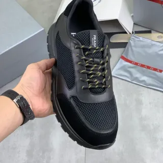 Prada Black Gold Mesh And Leather Paneling Laces Chunky Sneakers