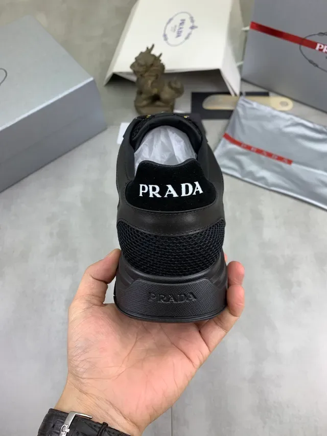 Prada Black Gold Mesh And Leather Paneling Laces Chunky Sneakers 3