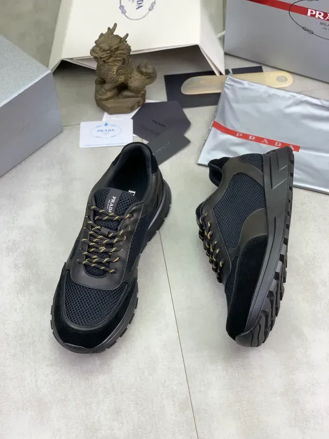 Prada Black Gold Mesh And Leather Paneling Laces Chunky Sneakers 5
