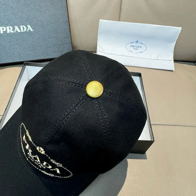 Prada Black Gold Structured Six-Panel Embroidered Oval Logo Baseball Cap 6