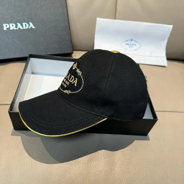 Prada Black Gold Structured Six-Panel Embroidered Oval Logo Baseball Cap 8